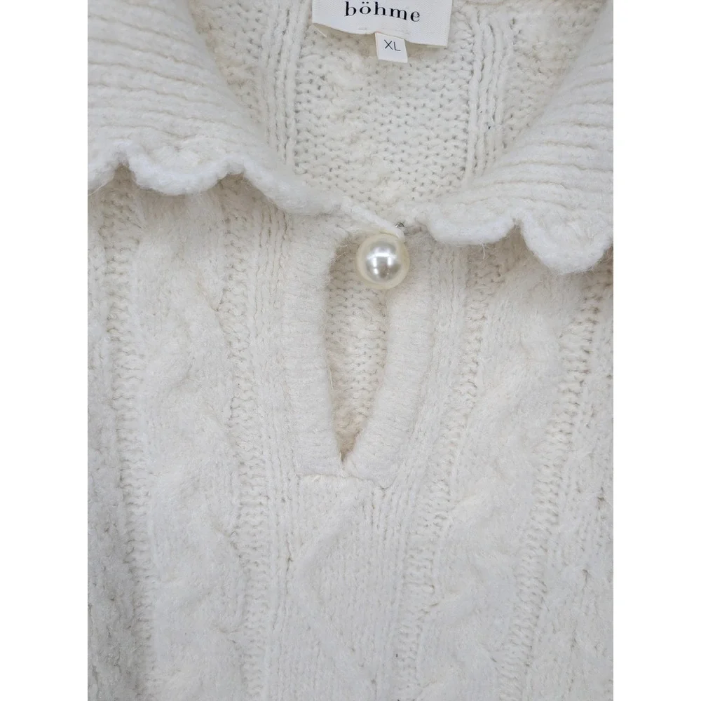 bohme Coquette Sweater Women XL Ivory Cable Knit Scalloped Pearl Button Grandma
